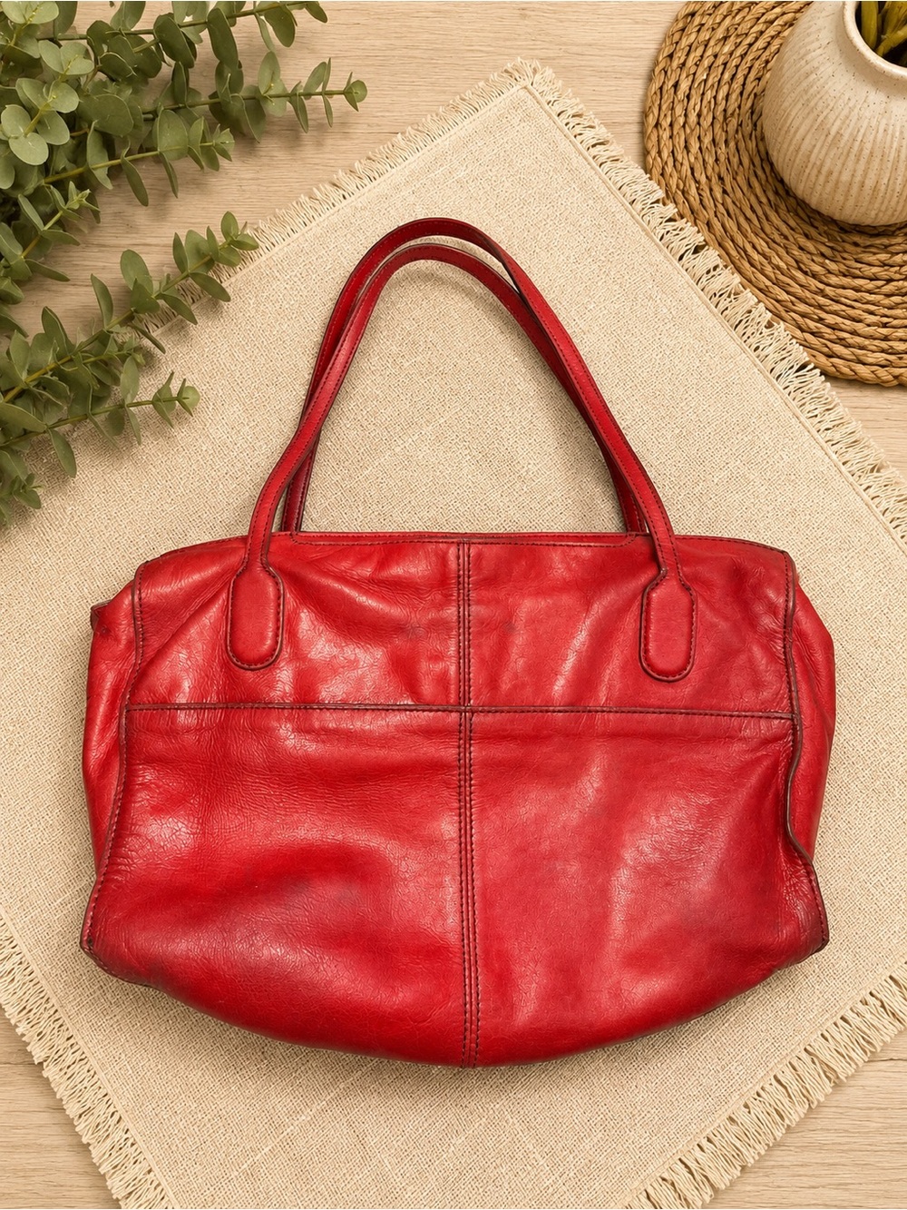 ❤️ HOBO The Original Red Leather Satchel Shoulder Bag Floral Lining #1045 - Picture 2 of 3